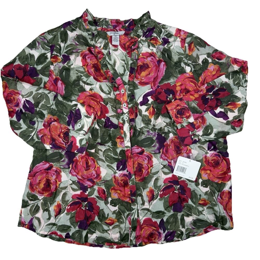 Floral Ruffle Blouse Silk Cotton Roses Sz 2X Vintage Y2K Romantic Cottage NWT